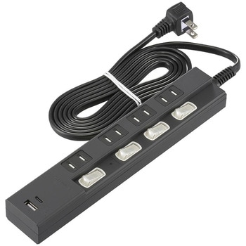 4個口節電タップ 雷ガード PD対応Type-C/Type-Aポート付き 2m ブラック オーム電機