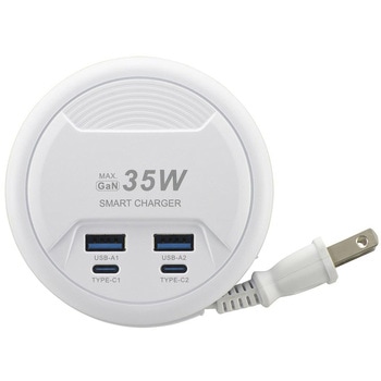 USBタップ モバイル 35W PD対応 GaN採用 Type-A/C×2 ホワイト オーム電機