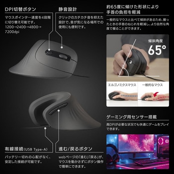 エルゴノミクスマウス 静音 有線 USB 高DPI 7200dpi ゲーミング対応 オーム電機