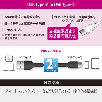 USB-A to USB-C ケーブル ブラック 3A充電 高速データ転送 高耐久 オーム電機