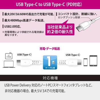 USB-C to USB-Cケーブル PD対応 60W 高速充電 ホワイト オーム電機