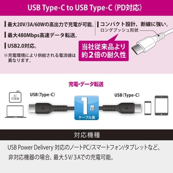 USB-C to USB-Cケーブル PD対応 60W 高速充電 ホワイト オーム電機
