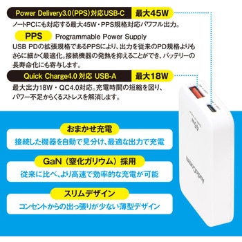 スリムPDチャージャー 45W USB-C PPS対応 QC4.0搭載 GaN採用 オーム電機