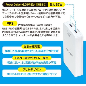 スリムPDチャージャー 67W USB-C PPS対応 2ポート GaN採用 オーム電機