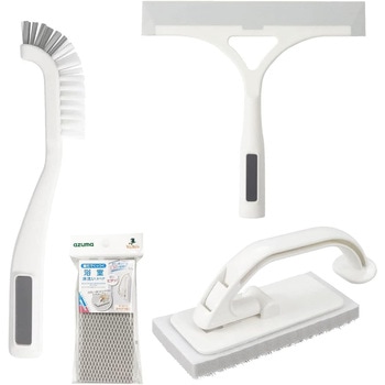磁石でくっつく お風呂の掃除道具 基本の3種(スペア付き)セット A ホワイト (床洗い + 床洗いスペア + スミズミブラシ + 水切りワイパー) アズマ工業