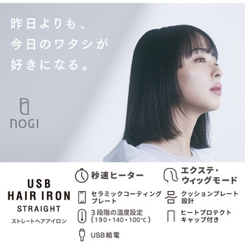 ストレートヘアアイロン ミニ USB給電式 190/140/100℃設定可能 地毛/エクステ/ウィッグ対応 NOGI エレコム