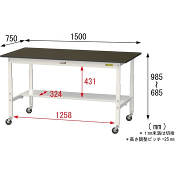 実験用軽量作業台/高さ調整_キャスター付き_指紋レスメラミン天板_半面棚付き_ワークテーブルLABシリーズ_実験用ラボテーブル 山金工業