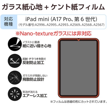iPad mini(A17 Pro)/第6世代 8.3インチ ガラスフィルム ケント紙タイプ アンチグレア 貼り付けツール付 エレコム