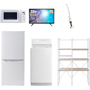 家電セット 寮 オフィス 事務所 新生活家電 6点セット (6kg洗濯機 106L冷蔵庫 電子レンジ 32型液晶テレビ スティッククリーナー 家電収納ラック) YAMAZEN(山善)