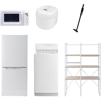106L6DMZSW6テン5W 家電セット 寮 オフィス 事務所 新生活家電 6点セット (6kg洗濯機 106L冷蔵庫 電子レンジ 炊飯器 軽量クリーナー 家電収納ラック) YAMAZEN(山善) 64601707