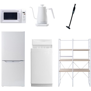 106L6/81ZSワイド6 家電セット 寮 オフィス 事務所 新生活家電 6点セット (6kg洗濯機 106L冷蔵庫 電子レンジ 温調ケトル 軽量クリーナー 家電収納ラック) YAMAZEN(山善) 64601786
