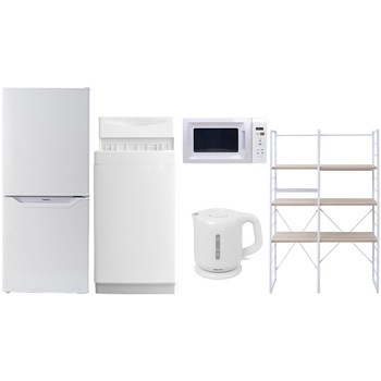 106L6DKワイド5テンW 家電セット 寮 オフィス 事務所 新生活家電 5点セット (6kg洗濯機 106L冷蔵庫 電子レンジ 電気ケトル 家電収納ラック) YAMAZEN(山善) 64602985