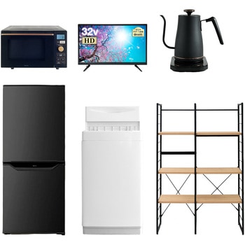家電セット 寮 オフィス 事務所 新生活家電 6点セット (6kg洗濯機 106L冷蔵庫 オーブンレンジ 32型液晶テレビ 温調ケトル 家電収納ラック) YAMAZEN(山善)
