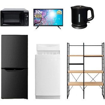 家電セット 寮 オフィス 事務所 新生活家電 6点セット (6kg洗濯機 106L冷蔵庫 電子レンジ 32型液晶テレビ 電気ケトル 家電収納ラック) YAMAZEN(山善)