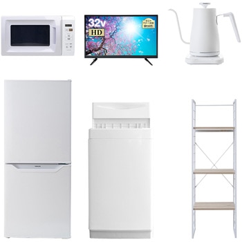 家電セット 寮 オフィス 事務所 新生活家電 6点セット (6kg洗濯機 106L冷蔵庫 電子レンジ 32型液晶テレビ 温調ケトル 家電収納ラック) - YAMAZEN(山善)