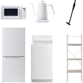 106L6/81ZSS6テンW 家電セット 寮 オフィス 事務所 新生活家電 6点セット (6kg洗濯機 106L冷蔵庫 電子レンジ 温調ケトル 軽量クリーナー 家電収納ラック) YAMAZEN(山善) 64605977