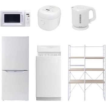 106L6DMDKW6テン5W 家電セット 寮 オフィス 事務所 新生活家電 6点セット (6kg洗濯機 106L冷蔵庫 電子レンジ 炊飯器 電気ケトル 家電収納ラック) YAMAZEN(山善) 64606826