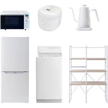 106L6DM81/W6テンW 家電セット 寮 オフィス 事務所 新生活家電 6点セット (6kg洗濯機 106L冷蔵庫 オーブンレンジ 炊飯器 温調ケトル 家電収納ラック) YAMAZEN(山善) 64608059