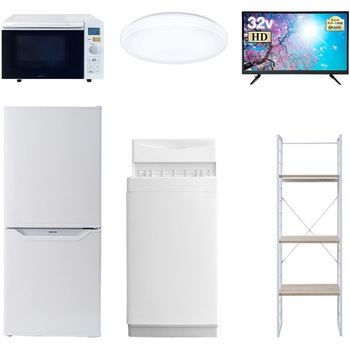 家電セット 寮 オフィス 事務所 新生活家電 6点セット (6kg洗濯機 106L冷蔵庫 オーブンレンジ シーリングライト 32型液晶テレビ 家電収納ラック) YAMAZEN(山善)