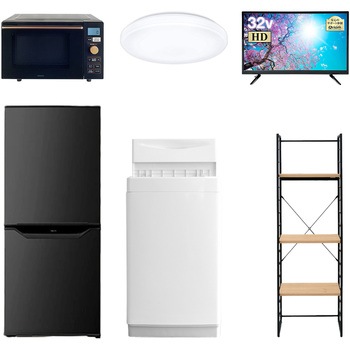 家電セット 寮 オフィス 事務所 新生活家電 6点セット (6kg洗濯機 106L冷蔵庫 オーブンレンジ シーリングライト 32型液晶テレビ 家電収納ラック) YAMAZEN(山善)