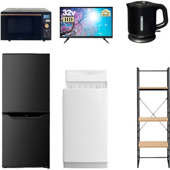 家電セット 寮 オフィス 事務所 新生活家電 6点セット (6kg洗濯機 106L冷蔵庫 オーブンレンジ 32型液晶テレビ 電気ケトル 家電収納ラック) YAMAZEN(山善)