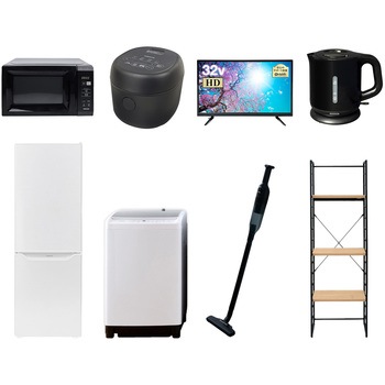 173D32DZSS8テン5B 家電セット 寮 オフィス 事務所 新生活家電 8点セット (8kg洗濯機 173L冷蔵庫 電子レンジ 炊飯器 32型液晶テレビ 電気ケトル 軽量クリーナー 家電収納ラック) YAMAZEN(山善) 64613860