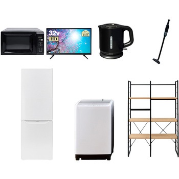 173L32TVDKZS/W7 家電セット 寮 オフィス 事務所 新生活家電 7点セット (8kg洗濯機 173L冷蔵庫 電子レンジ 32型液晶テレビ 電気ケトル 軽量クリーナー 家電収納ラック) YAMAZEN(山善) 64615244