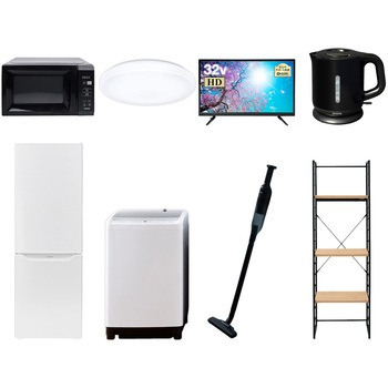 173LLC32TVDKZSS 家電セット 寮 オフィス 事務所 新生活家電 8点セット (8kg洗濯機 173L冷蔵庫 電子レンジ シーリングライト 32型液晶テレビ 電気ケトル 軽量クリーナー 家電収納ラック) YAMAZEN(山善) 64615470