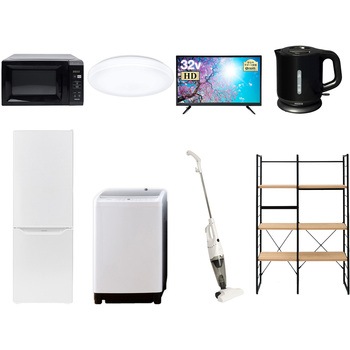 106L6LC32TVDKZC 家電セット 寮 オフィス 事務所 新生活家電 8点セット (8kg洗濯機 173L冷蔵庫 電子レンジ シーリングライト 32型液晶テレビ 電気ケトル スティッククリーナー YAMAZEN(山善) 64615515