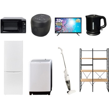 173D32DZCW8テン5B 家電セット 寮 オフィス 事務所 新生活家電 8点セット (8kg洗濯機 173L冷蔵庫 電子レンジ 炊飯器 32型液晶テレビ 電気ケトル スティッククリーナー 家電収納ラック) YAMAZEN(山善) 64615664
