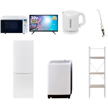 家電セット 寮 オフィス 事務所 新生活家電 7点セット (8kg洗濯機 173L冷蔵庫 オーブンレンジ 32型液晶テレビ 電気ケトル スティッククリーナー 家電収納ラック) YAMAZEN(山善)