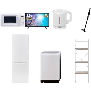 家電セット 寮 オフィス 事務所 新生活家電 7点セット (8kg洗濯機 173L冷蔵庫 電子レンジ 32型液晶テレビ 電気ケトル 軽量クリーナー 家電収納ラック) YAMAZEN(山善)