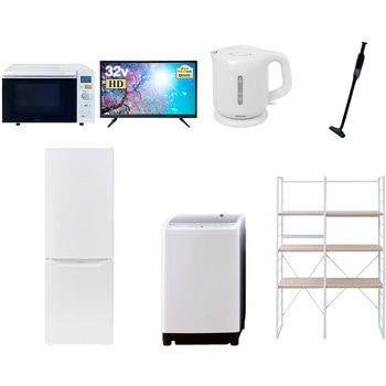 家電セット 寮 オフィス 事務所 新生活家電 7点セット (8kg洗濯機 173L冷蔵庫 オーブンレンジ 32型液晶テレビ 電気ケトル 軽量クリーナー 家電収納ラック) - YAMAZEN(山善)