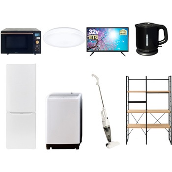 173LC32DZCW8テンB 家電セット 寮 オフィス 事務所 新生活家電 8点セット (8kg洗濯機 173L冷蔵庫 オーブンレンジ シーリングライト 32型液晶テレビ 電気ケトル スティッククリーナー YAMAZEN(山善) 64621806