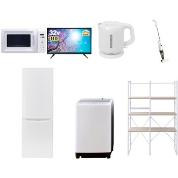 家電セット 寮 オフィス 事務所 新生活家電 7点セット (8kg洗濯機 173L冷蔵庫 電子レンジ 32型液晶テレビ 電気ケトル スティッククリーナー 家電収納ラック) YAMAZEN(山善)