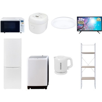 家電セット 寮 オフィス 事務所 新生活家電 8点セット (8kg洗濯機 173L冷蔵庫 オーブンレンジ 炊飯器 シーリングライト 32型液晶テレビ 電気ケトル 家電収納ラック) - YAMAZEN(山善)