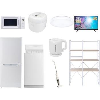家電セット 寮 オフィス 事務所 新生活家電 9点セット (6kg洗濯機 106L冷蔵庫 電子レンジ 炊飯器 シーリングライト 32型液晶テレビ 電気ケトル スティッククリーナー 家電収納ラック) YAMAZEN(山善)
