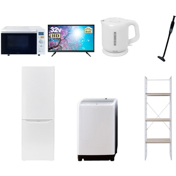 家電セット 寮 オフィス 事務所 新生活家電 7点セット (8kg洗濯機 173L冷蔵庫 オーブンレンジ 32型液晶テレビ 電気ケトル 軽量クリーナー 家電収納ラック) - YAMAZEN(山善)