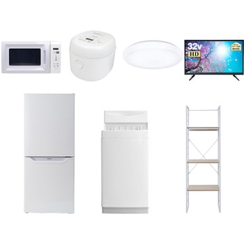 家電セット 寮 オフィス 事務所 新生活家電 7点セット (6kg洗濯機 106L冷蔵庫 電子レンジ 炊飯器 シーリングライト 32型液晶テレビ 家電収納ラック) YAMAZEN(山善)
