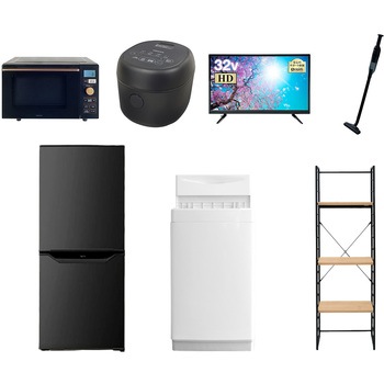 106L6D32VSS7テンB 家電セット 寮 オフィス 事務所 新生活家電 7点セット (6kg洗濯機 106L冷蔵庫 オーブンレンジ 炊飯器 32型液晶テレビ 軽量クリーナー 家電収納ラック) YAMAZEN(山善) 64630084