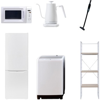 173L81ZSスリム6テンW 家電セット 寮 オフィス 事務所 新生活家電 6点セット (8kg洗濯機 173L冷蔵庫 電子レンジ 温調ケトル 軽量クリーナー 家電収納ラック) YAMAZEN(山善) 64631028
