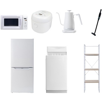 106L6D81/SS7テン5 家電セット 寮 オフィス 事務所 新生活家電 7点セット (6kg洗濯機 106L冷蔵庫 電子レンジ 炊飯器 温調ケトル 軽量クリーナー 家電収納ラック) YAMAZEN(山善) 64631597