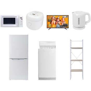 家電セット 寮 オフィス 事務所 新生活家電 7点セット (6kg洗濯機 106L冷蔵庫 電子レンジ 炊飯器 43型液晶テレビ 電気ケトル 家電収納ラック) YAMAZEN(山善)