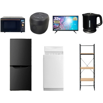 家電セット 寮 オフィス 事務所 新生活家電 7点セット (6kg洗濯機 106L冷蔵庫 オーブンレンジ 炊飯器 32型液晶テレビ 電気ケトル 家電収納ラック) YAMAZEN(山善)
