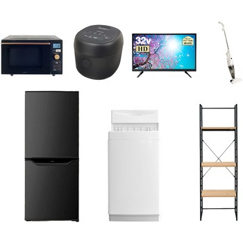 106L6D32VCS7テンB 家電セット 寮 オフィス 事務所 新生活家電 7点セット (6kg洗濯機 106L冷蔵庫 オーブンレンジ 炊飯器 32型液晶テレビ スティッククリーナー 家電収納ラック) YAMAZEN(山善) 64633365