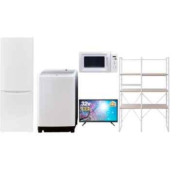 家電セット 寮 オフィス 事務所 新生活家電 5点セット (8kg洗濯機 173L冷蔵庫 電子レンジ 32型液晶テレビ 家電収納ラック) YAMAZEN(山善)