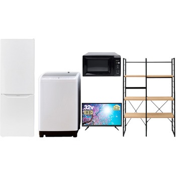 家電セット 寮 オフィス 事務所 新生活家電 5点セット (8kg洗濯機 173L冷蔵庫 電子レンジ 32型液晶テレビ 家電収納ラック) YAMAZEN(山善)