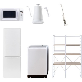 173L81ZCワイド6テン 家電セット 寮 オフィス 事務所 新生活家電 6点セット (8kg洗濯機 173L冷蔵庫 電子レンジ 温調ケトル スティッククリーナー 家電収納ラック) YAMAZEN(山善) 64634397