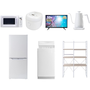 家電セット 寮 オフィス 事務所 新生活家電 7点セット (6kg洗濯機 106L冷蔵庫 電子レンジ 炊飯器 32型液晶テレビ 温調ケトル 家電収納ラック) YAMAZEN(山善)