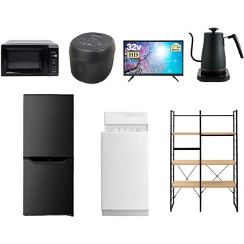 106L6D3281/W7テン 家電セット 寮 オフィス 事務所 新生活家電 7点セット (6kg洗濯機 106L冷蔵庫 電子レンジ 炊飯器 32型液晶テレビ 温調ケトル 家電収納ラック) YAMAZEN(山善) 64635885